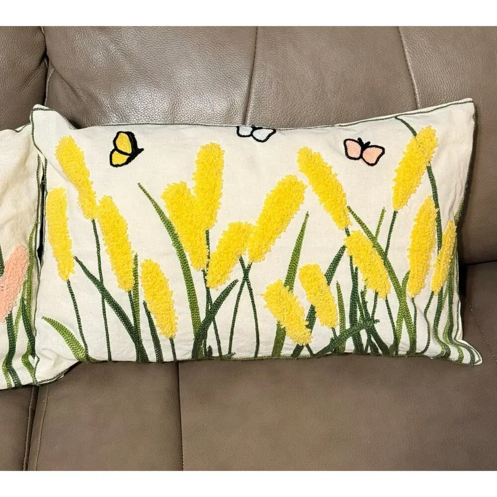 Three Mew Multicolor Floral Tufted Embroidered Pillows,Yellow,Blue,Pink